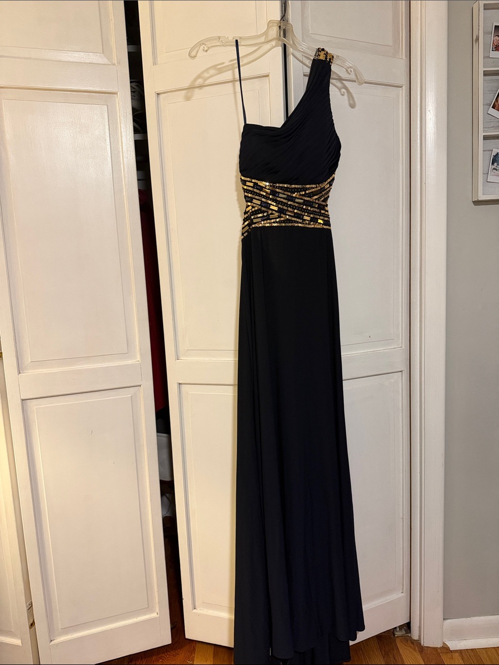 Navy One-Shoulder Evening Gown with Gold Beaded Waist